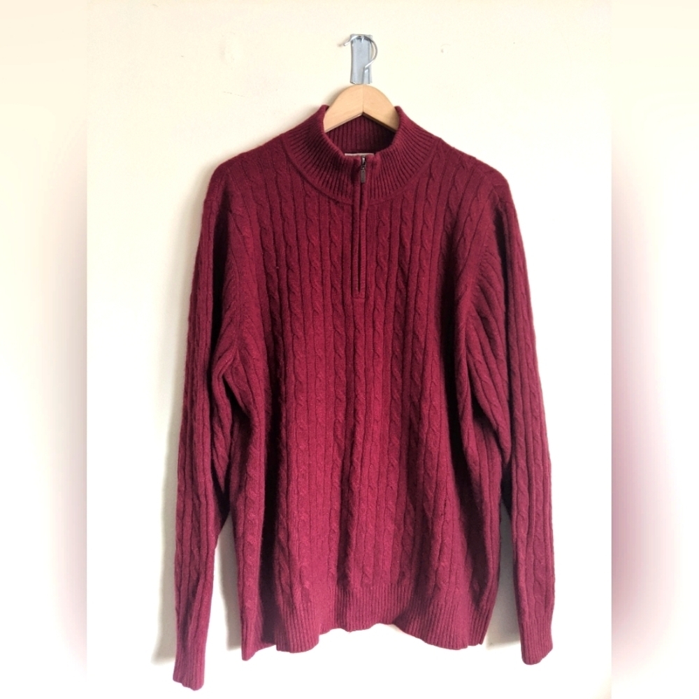 L.L. Bean Red Zip Up Sweater with Ribbed Texture Cashmere M